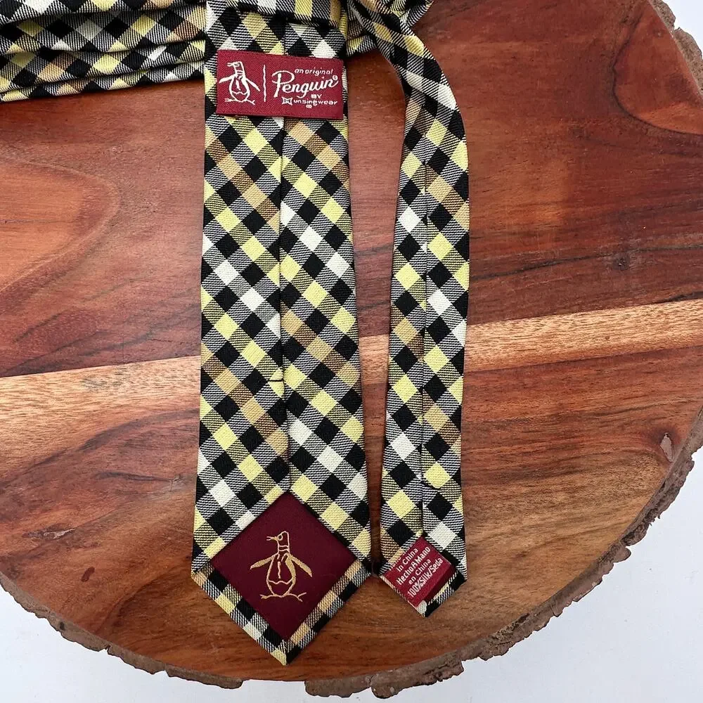 An Original Penguin 100 Silk Tie Skinny Yellow Black Checked EUC Formal Academia